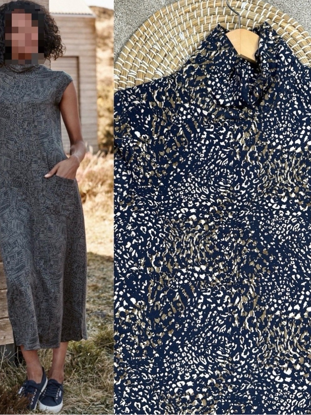 Garnet Hill Navy Midi Dress with Gold and Cream Animal Print